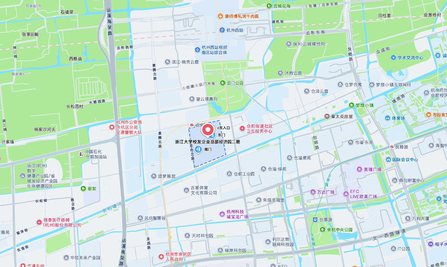 园区区位地图，红色标记为公司位置，包含龙舟北路站及杭州西站