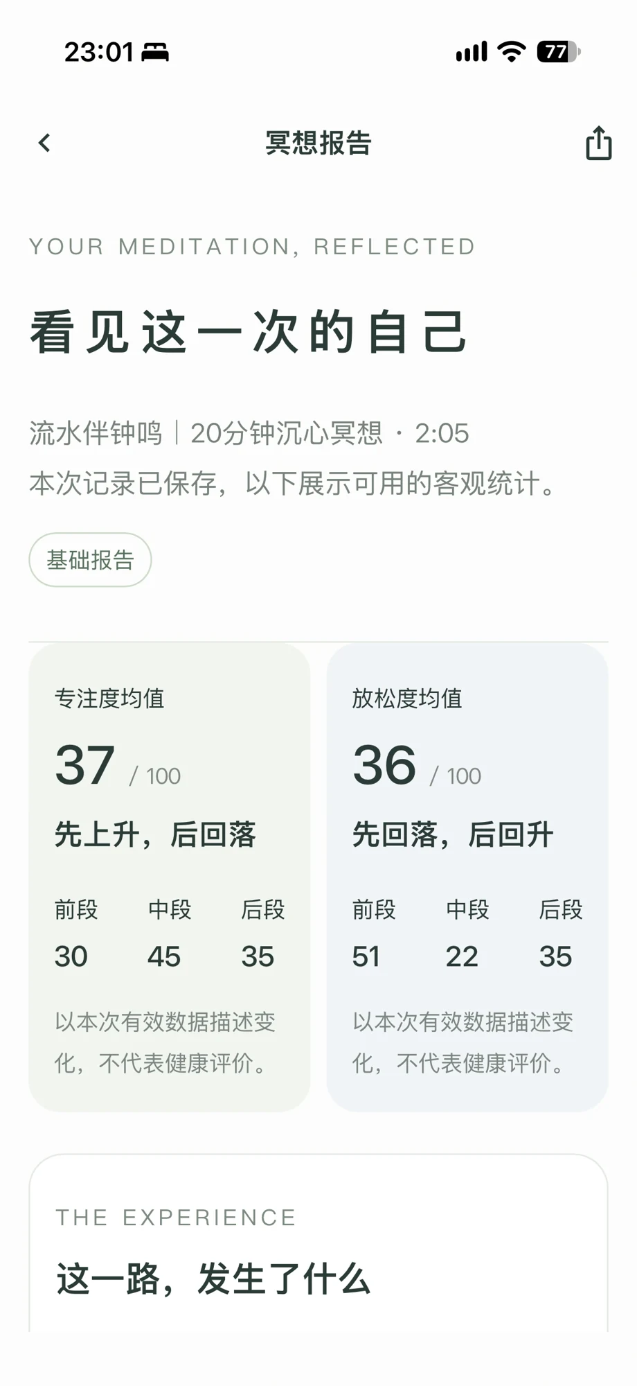 真实冥想报告：专注与放松均值、前中后段趋势