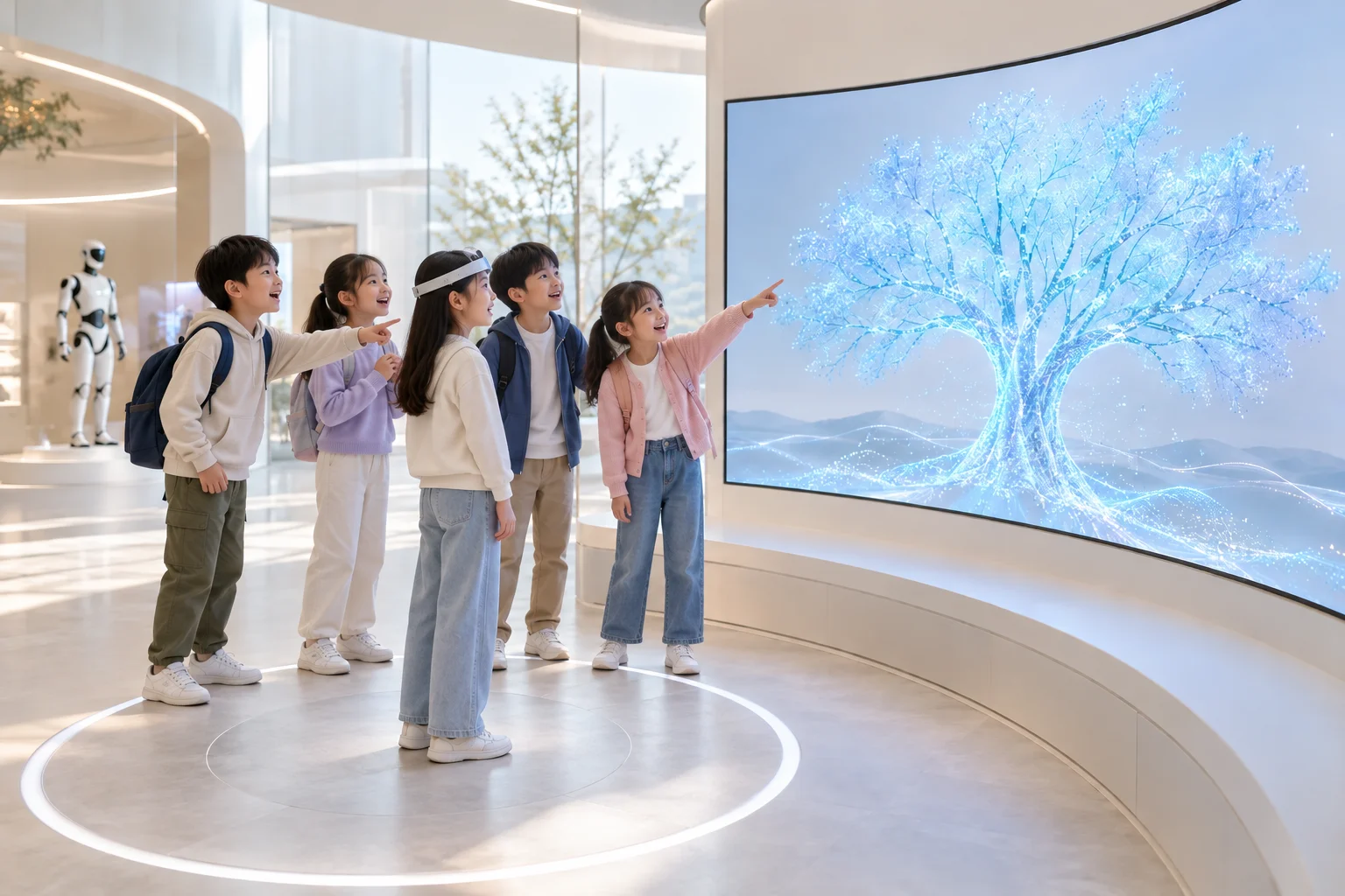 小学生佩戴头环，同学围在旁边兴奋地指向大树屏幕的科技馆场景示意